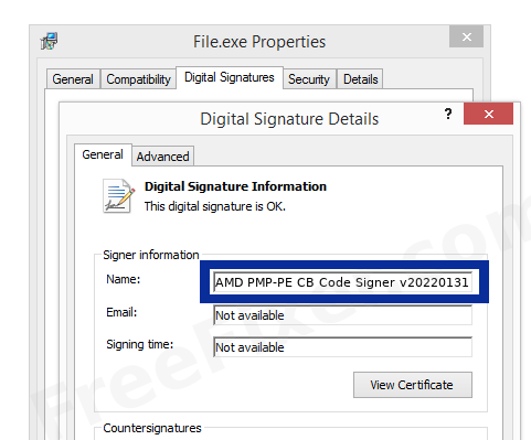 Screenshot of the AMD PMP-PE CB Code Signer v20220131 certificate